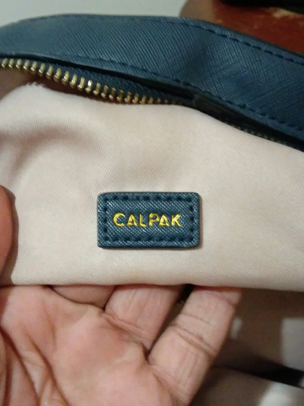 Calpak Kaya Backpack Blue Faux Leather Gold Hardware Trolly Sleeve Side Pockets
